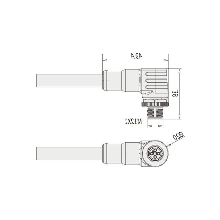 M12 4Pin T-coded, male 90°, single-end pre-cast PVC non-flexible cable, yellow sheathing, 64TP63-XXX